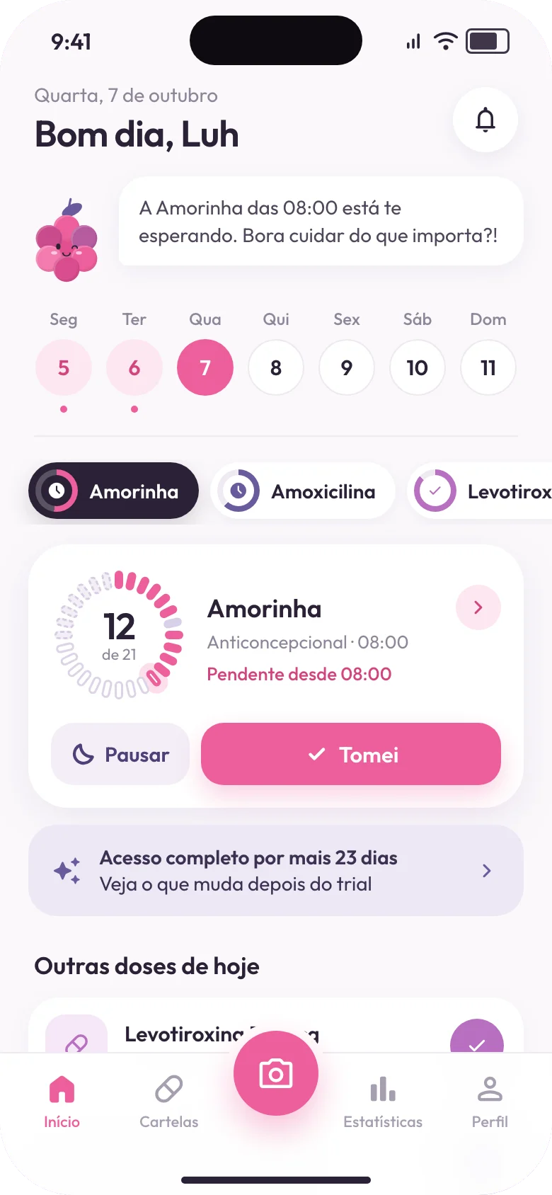 Tela inicial da Amora com a dose de hoje
