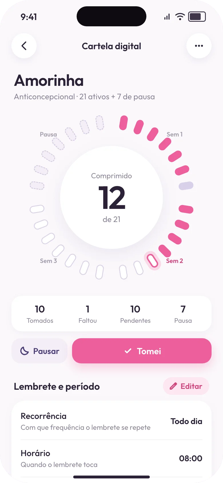 Cartela digital da Amora com 12 de 21 comprimidos