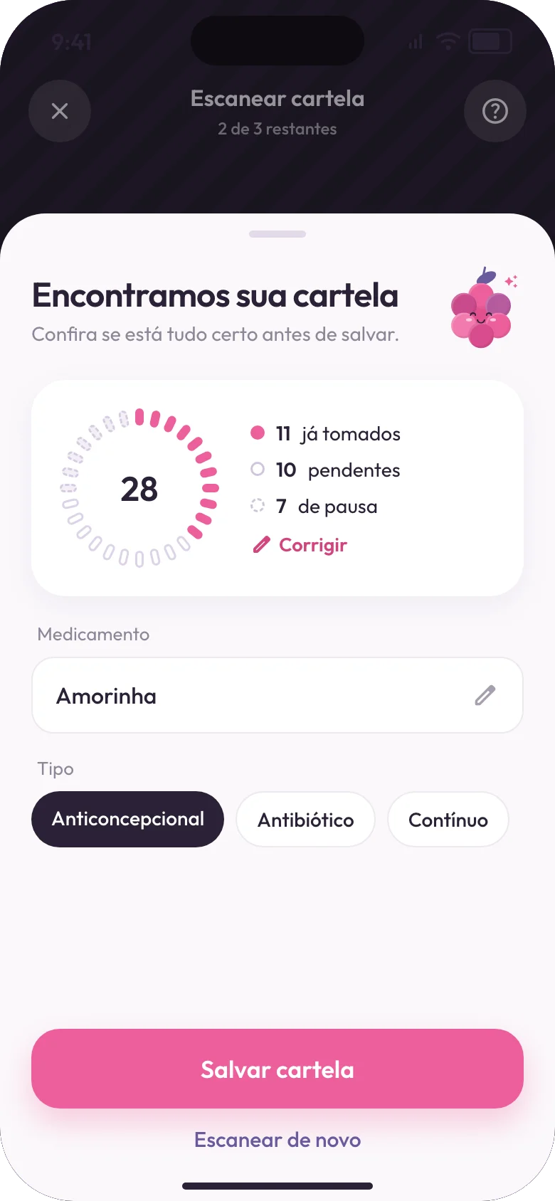 Resultado da leitura da cartela no app Amora